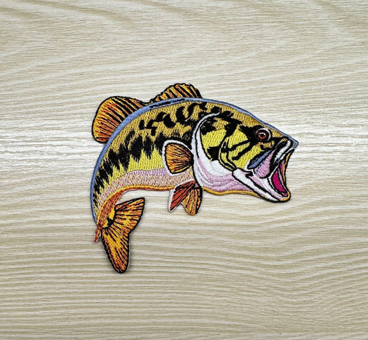 Bass Curved Fish Iron-On PATCH: Single Patch