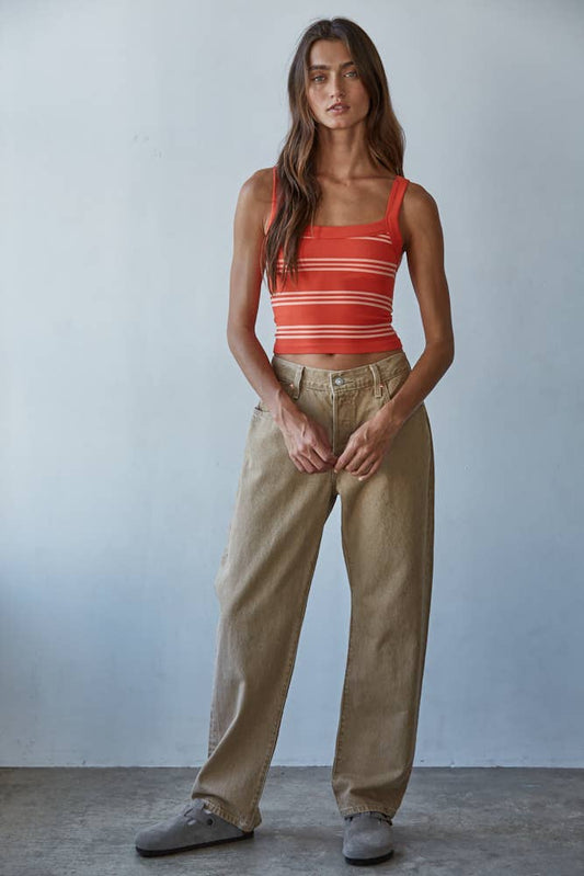 S1298N | Knit Seamless Ribbed Striped Sleeveless Top: Summer Fig Ivory / ML