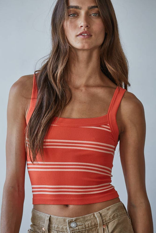 S1298N | Knit Seamless Ribbed Striped Sleeveless Top: Summer Fig Ivory / SM