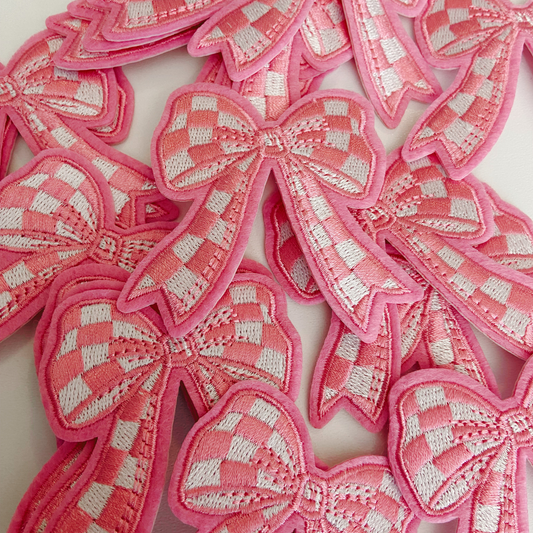 2" Checkered PINK Bow -  Embroidered Hat Patch: Embroidered Patch