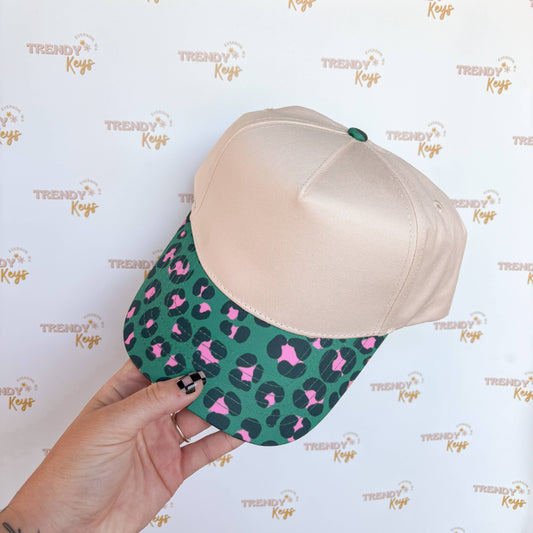 Canvas Front Ball Cap - TK Original Designs: Beige w/ Green & Pink Leopard Pattern
