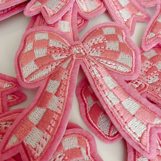 2" Checkered PINK Bow -  Embroidered Hat Patch: Embroidered Patch