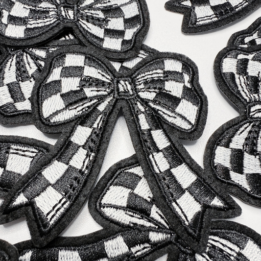 2" Checkered Black & White  Bow -  Embroidered Hat Patch: Embroidered Patch